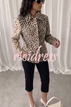 Women's beige leopard print jacket with lapel collar and long sleeves