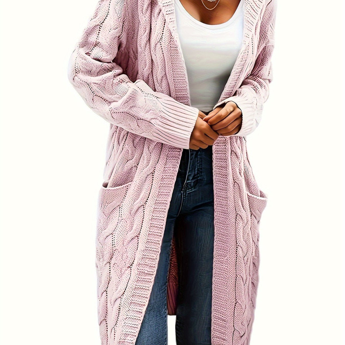 Women's long textured knit cardigan with open front, long sleeves and front pockets