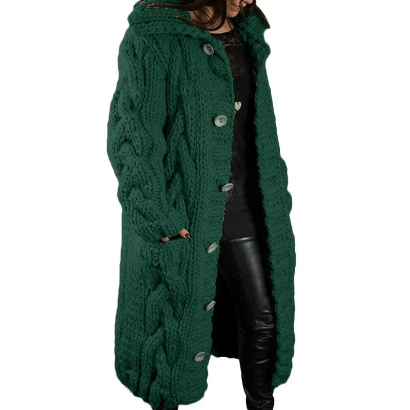 Women's longline cable knit hooded cardigan with button front