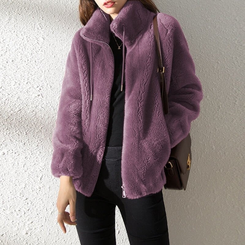 Women's plush fleece jacket with high collar, long sleeves and front zip