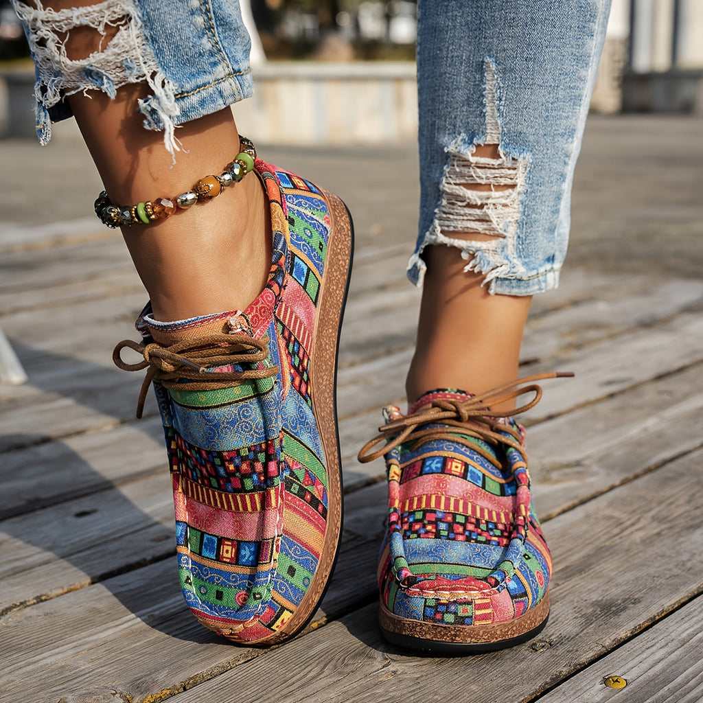 Women's multicoloured geometric patchwork lace-up sneakers with round toes and flat soles