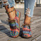 Women's multicoloured geometric patchwork lace-up sneakers with round toes and flat soles