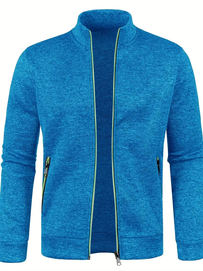 Men's full-zip cardigan with stand collar, long sleeves and zipped side pockets