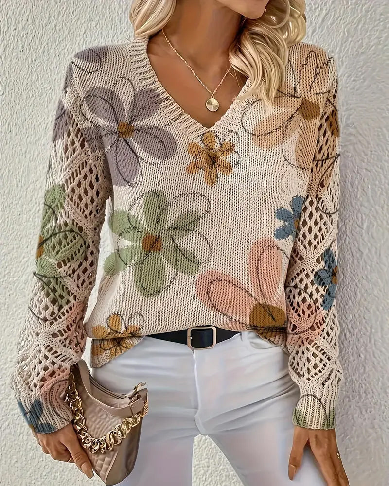 Women's multicoloured floral V-neck openwork knit sweater with long sleeves