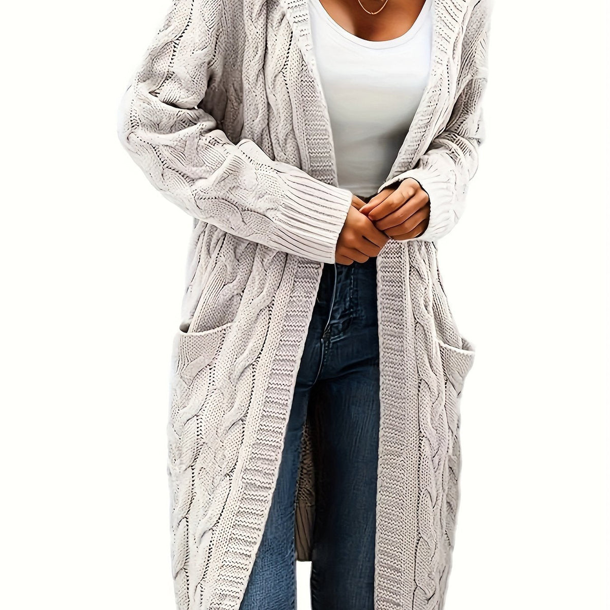 Women's long textured knit cardigan with open front, long sleeves and front pockets