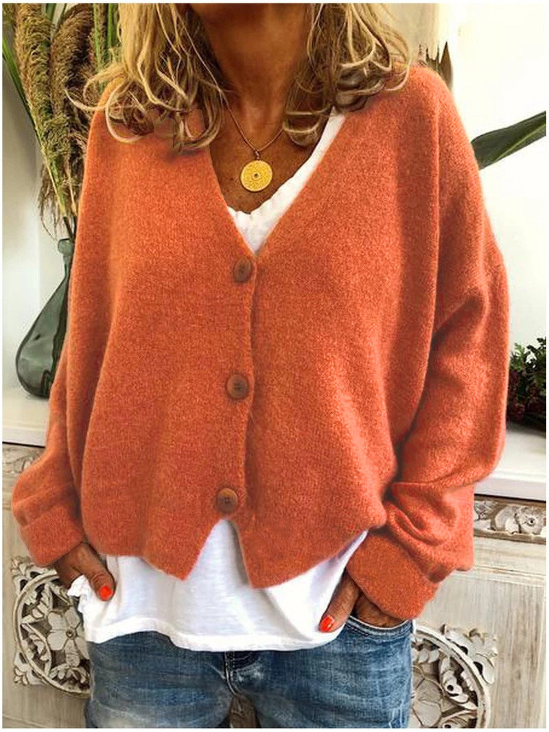 Women's long-sleeve V-neck button cardigan with ribbed cuffs and hem