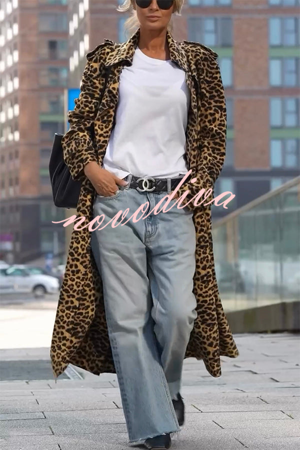 Women's longline leopard print coat with lapels and long sleeves