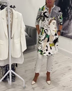 Women's grey long blouse with illustrated character print and button front