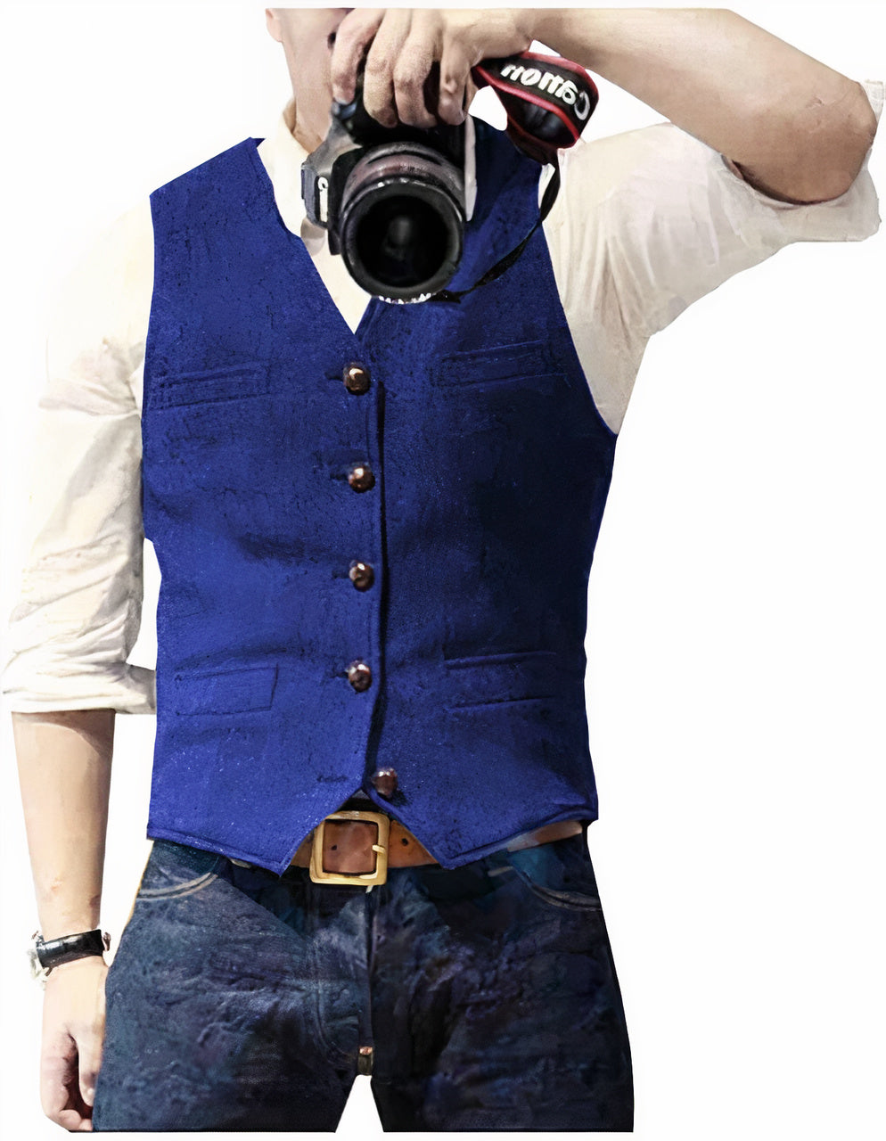 Men's textured sleeveless waistcoat with V-neck, buttons and front pocket details
