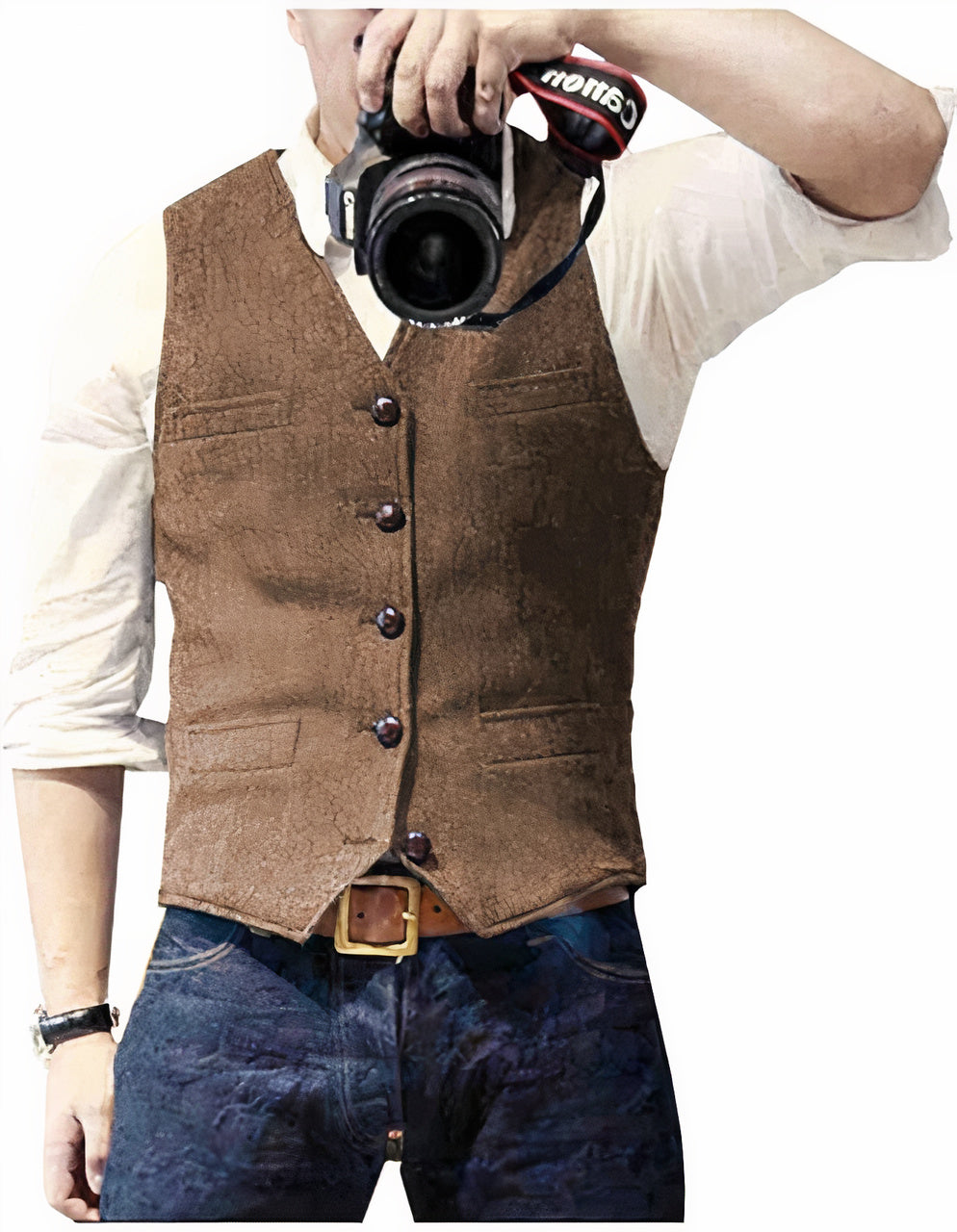 Men's textured sleeveless waistcoat with V-neck, buttons and front pocket details