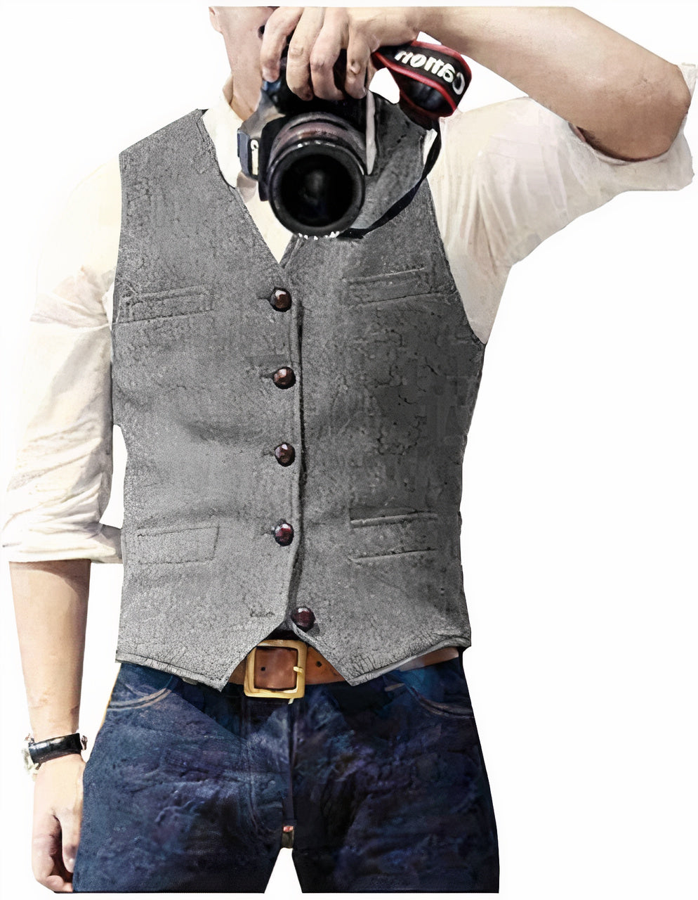 Men's textured sleeveless waistcoat with V-neck, buttons and front pocket details