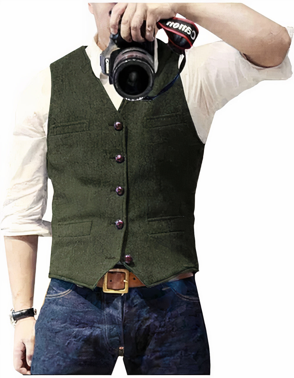 Men's textured sleeveless waistcoat with V-neck, buttons and front pocket details