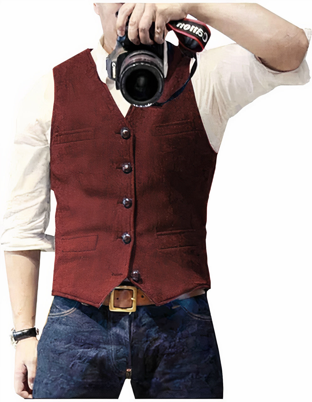 Men's textured sleeveless waistcoat with V-neck, buttons and front pocket details