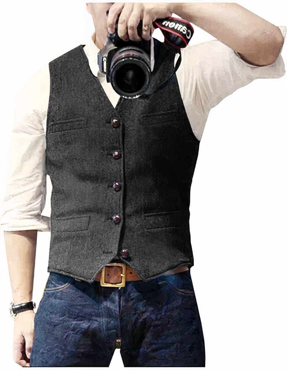 Men's textured sleeveless waistcoat with V-neck, buttons and front pocket details