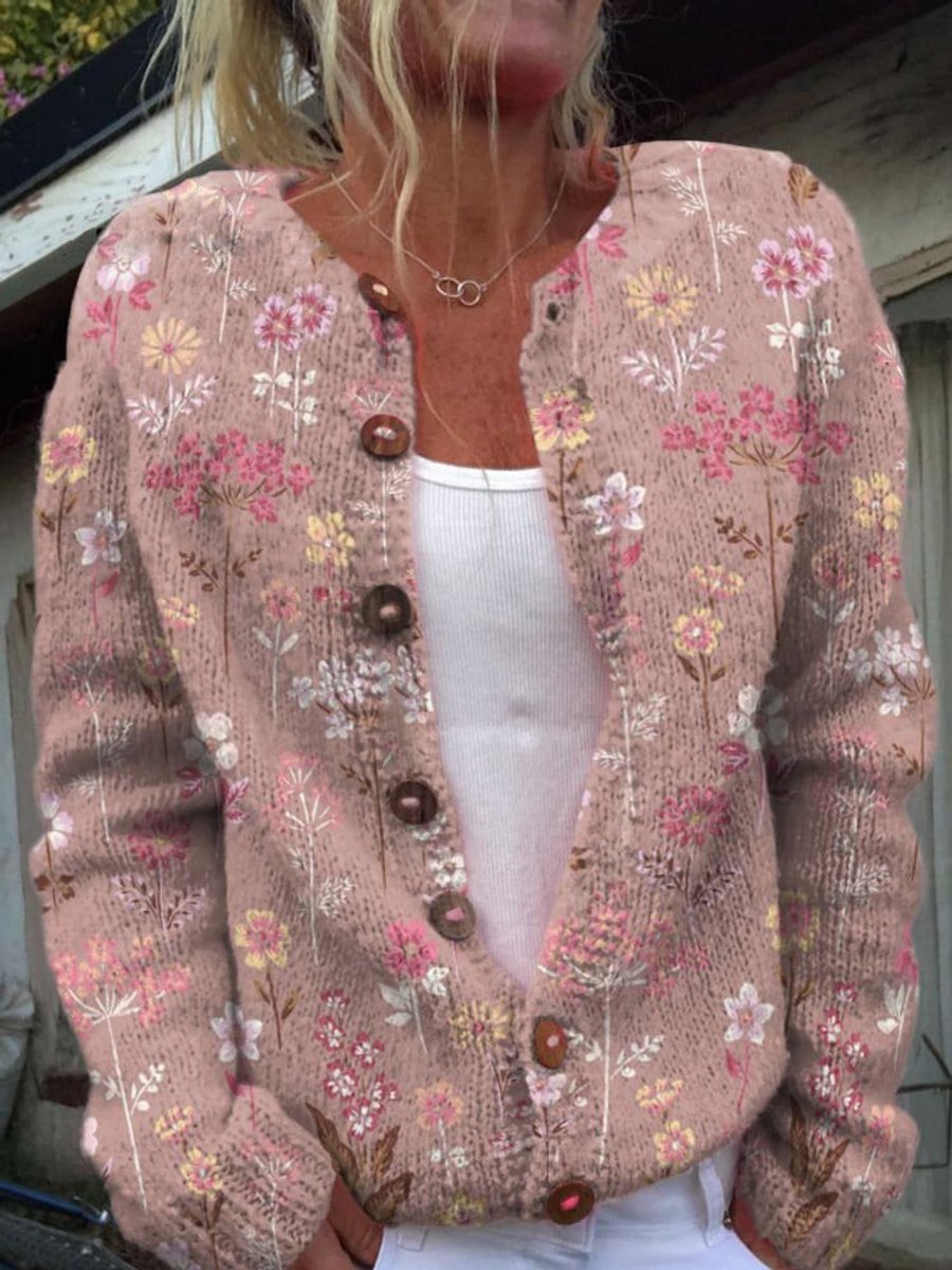 Women's floral knit cardigan with long sleeves and button front