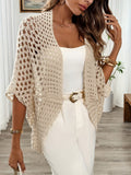 Women's beige open front cardigan with open crochet-look finish and wide three-quarter sleeves