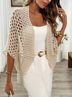 Women's beige open front cardigan with open crochet-look finish and wide three-quarter sleeves