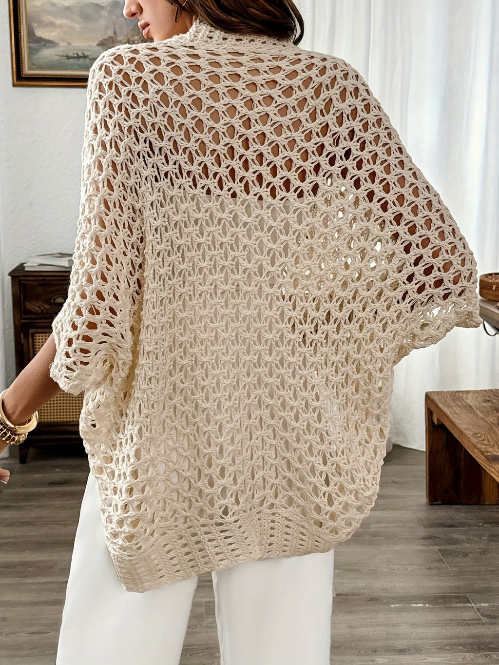 Women's beige open front cardigan with open crochet-look finish and wide three-quarter sleeves
