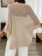 Women's beige open front cardigan with open crochet-look finish and wide three-quarter sleeves