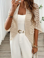 Women's beige open front cardigan with open crochet-look finish and wide three-quarter sleeves