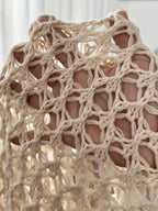 Women's beige open front cardigan with open crochet-look finish and wide three-quarter sleeves