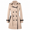 Women's belted double-breasted trench coat with contrast trim and long sleeves