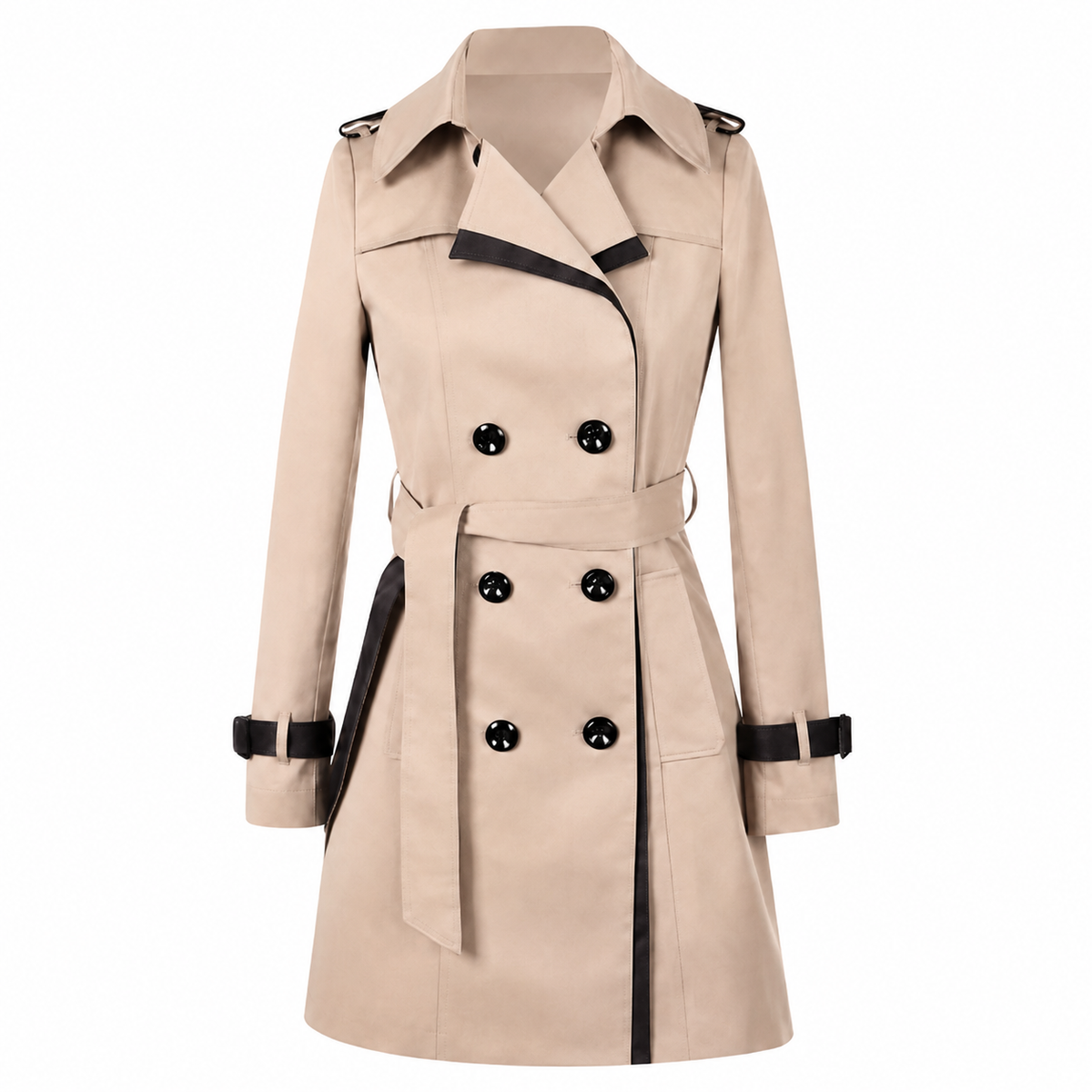 Women's belted double-breasted trench coat with contrast trim and long sleeves