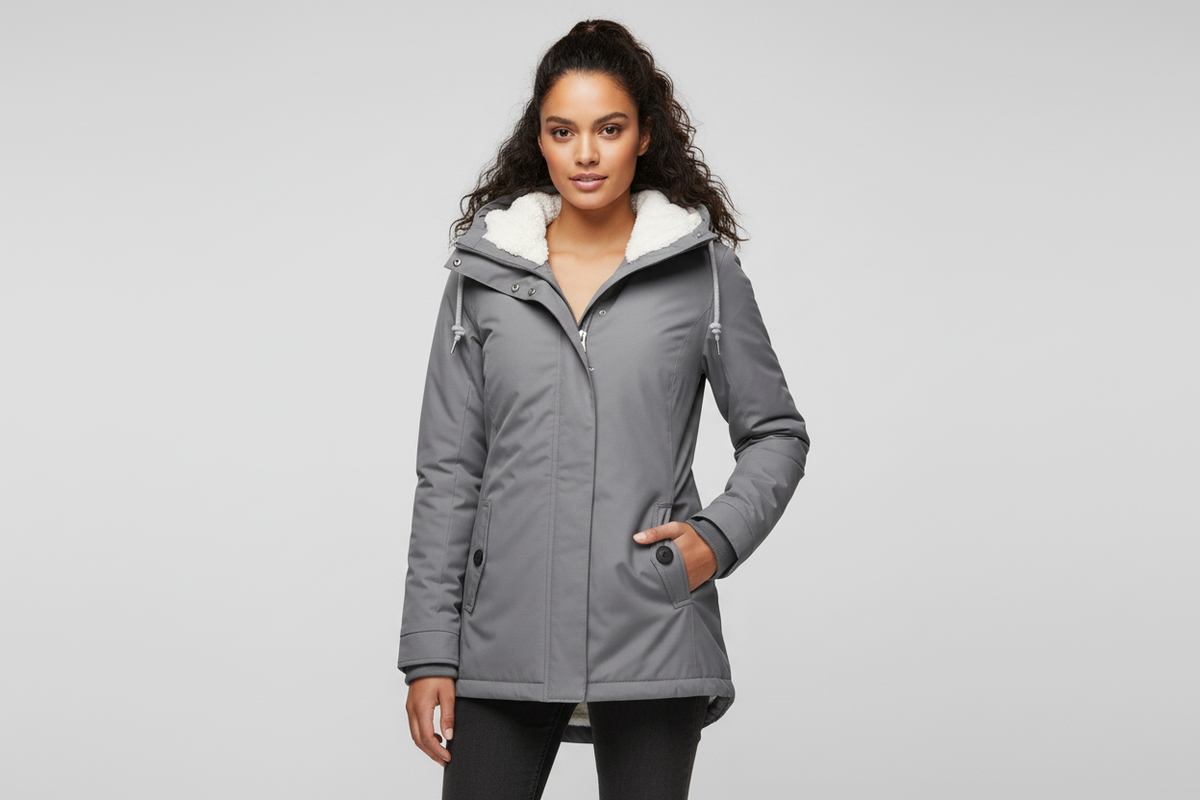 Women's grey hooded winter jacket with zip front and buttoned pockets