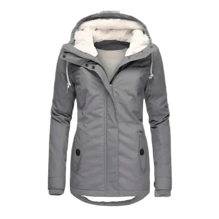 Women's grey hooded winter jacket with zip front and buttoned pockets
