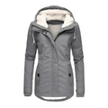 Women's grey hooded winter jacket with zip front and buttoned pockets