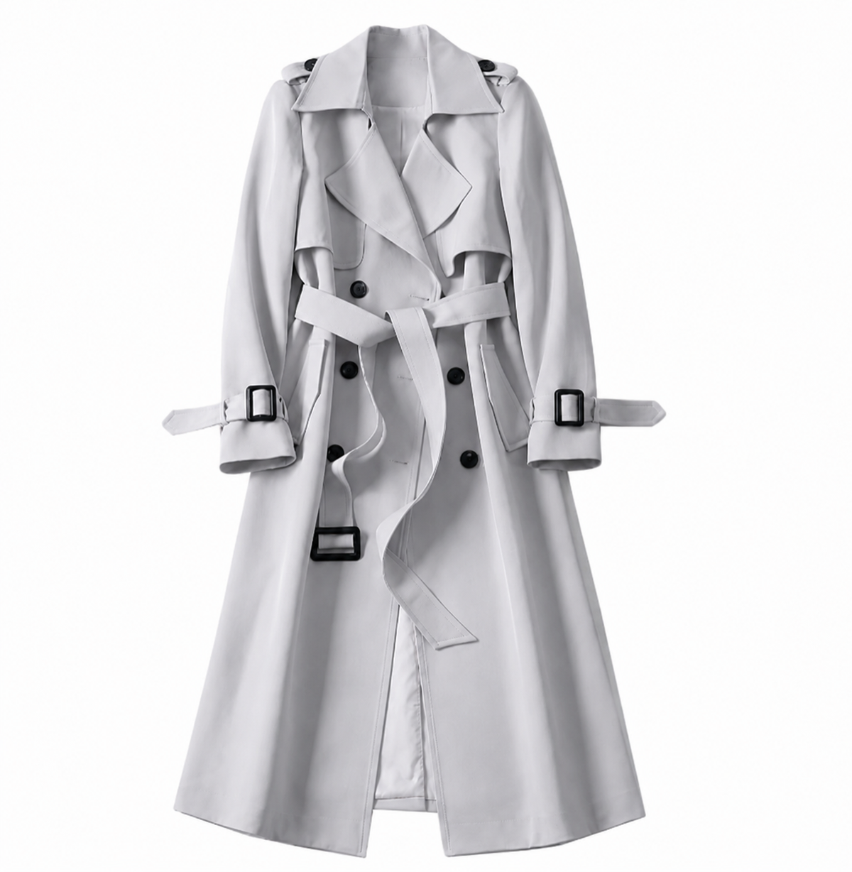 Women's long double-breasted belted trench coat with lapel collar and cuff buckles