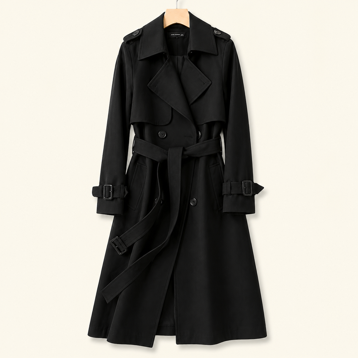 Women's long double-breasted belted trench coat with lapel collar and cuff buckles