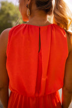 Women's sleeveless halter midi dress with gathered neckline and front side slit