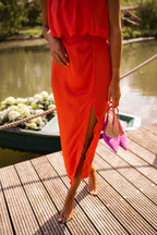 Women's sleeveless halter midi dress with gathered neckline and front side slit