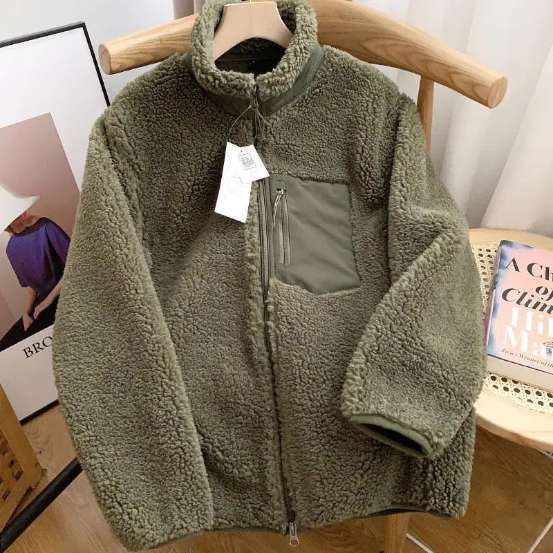 Women's sherpa fleece jacket with high collar, front zip and chest pocket