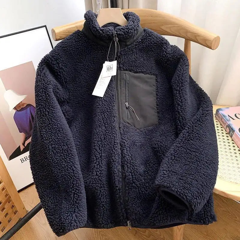 Women's sherpa fleece jacket with high collar, front zip and chest pocket