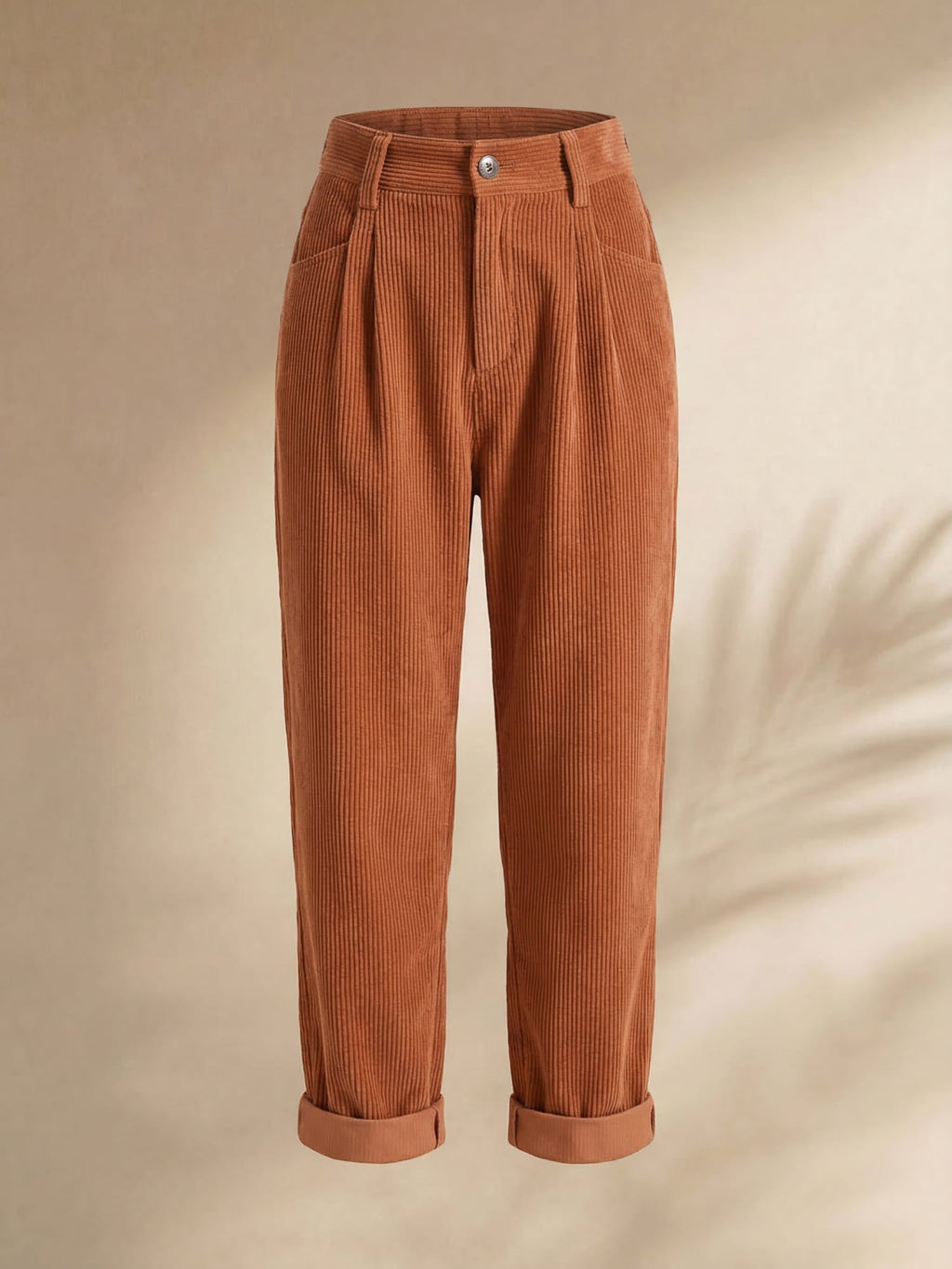 Women's high-waisted ribbed trousers with straight cropped legs and turned-up cuffs