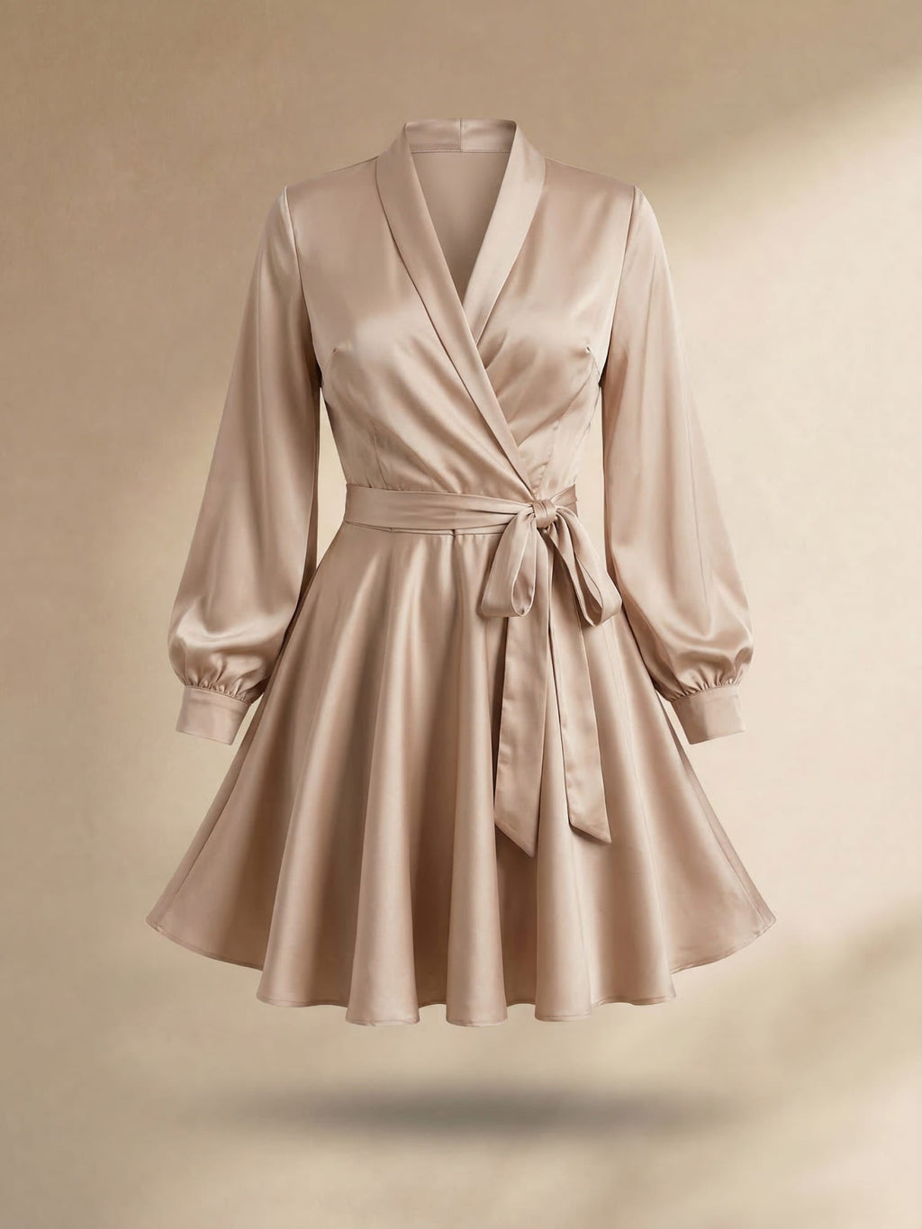 Women's long-sleeved wrap mini dress with a tie waist and flared skirt