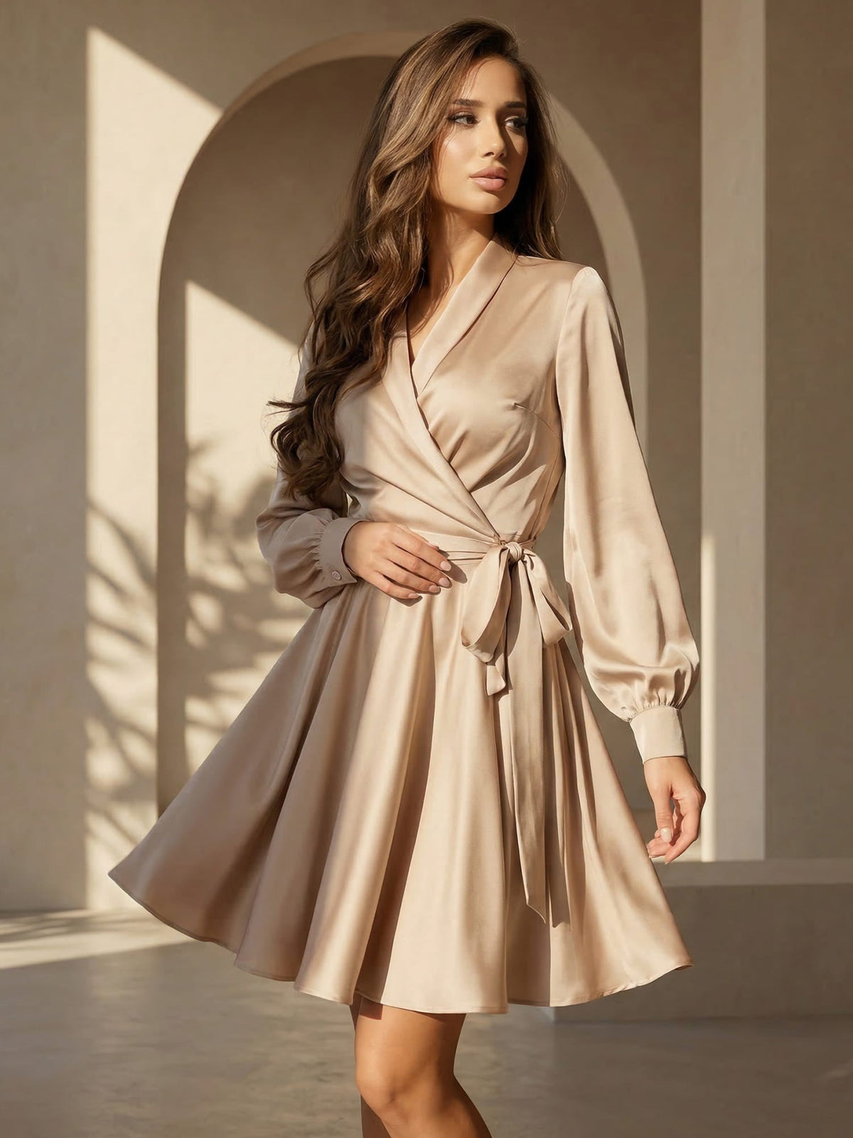 Women's long-sleeved wrap mini dress with a tie waist and flared skirt