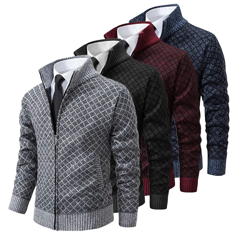 Men's geometric patterned zip sweater jacket with stand collar and ribbed trims