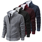 Men's geometric patterned zip sweater jacket with stand collar and ribbed trims