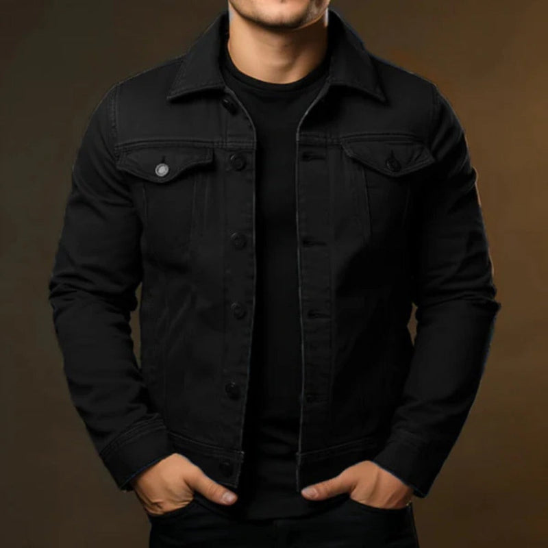 Men's long-sleeve denim jacket with point collar, button front and multiple pockets