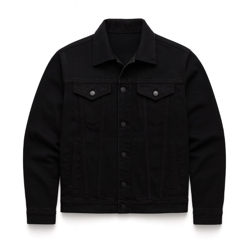 Men's long-sleeve denim jacket with point collar, button front and multiple pockets