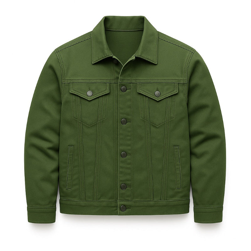 Men's long-sleeve denim jacket with point collar, button front and multiple pockets