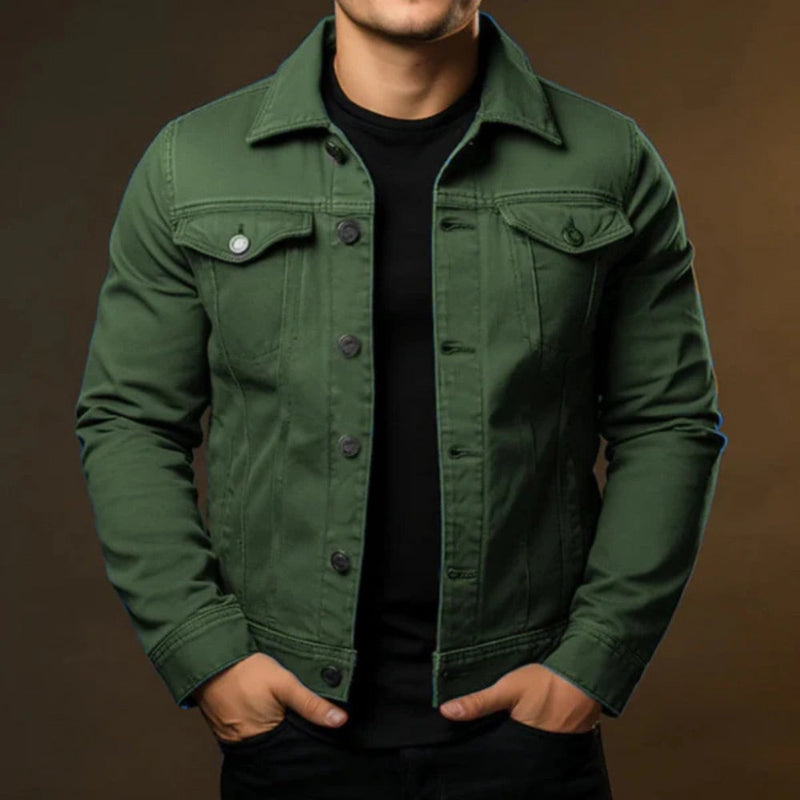 Men's long-sleeve denim jacket with point collar, button front and multiple pockets