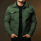 Men's long-sleeve denim jacket with point collar, button front and multiple pockets