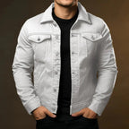 Men's long-sleeve denim jacket with point collar, button front and multiple pockets