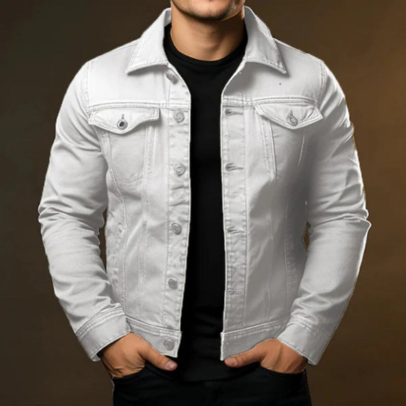 Men's long-sleeve denim jacket with point collar, button front and multiple pockets