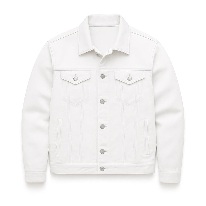 Men's long-sleeve denim jacket with point collar, button front and multiple pockets