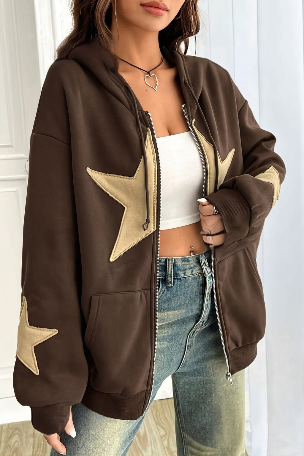 Women's oversized zip hoodie with hood and contrast star appliques